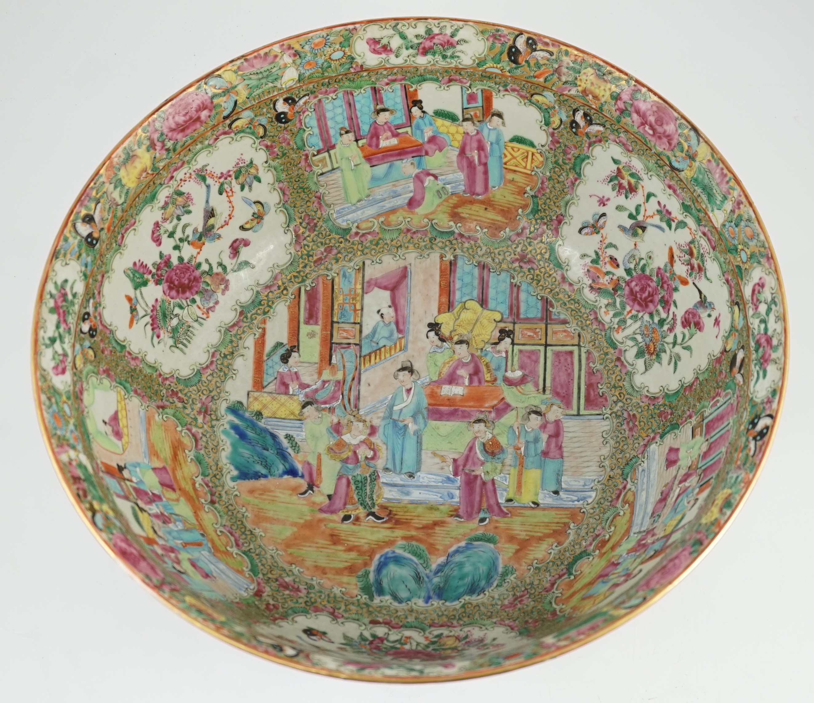 A large Chinese Canton (Guangzhou) decorated famille rose bowl, c.1830-50, 39.2cm diameter